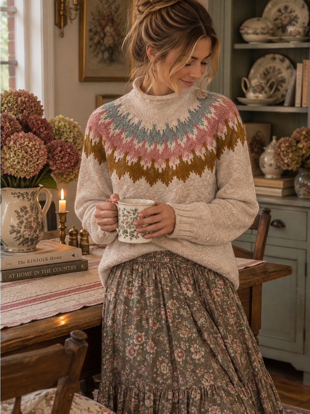 L.L. Bean Fair Isle Crewneck Sweater 100% cotton mock neck pink tan brown blue